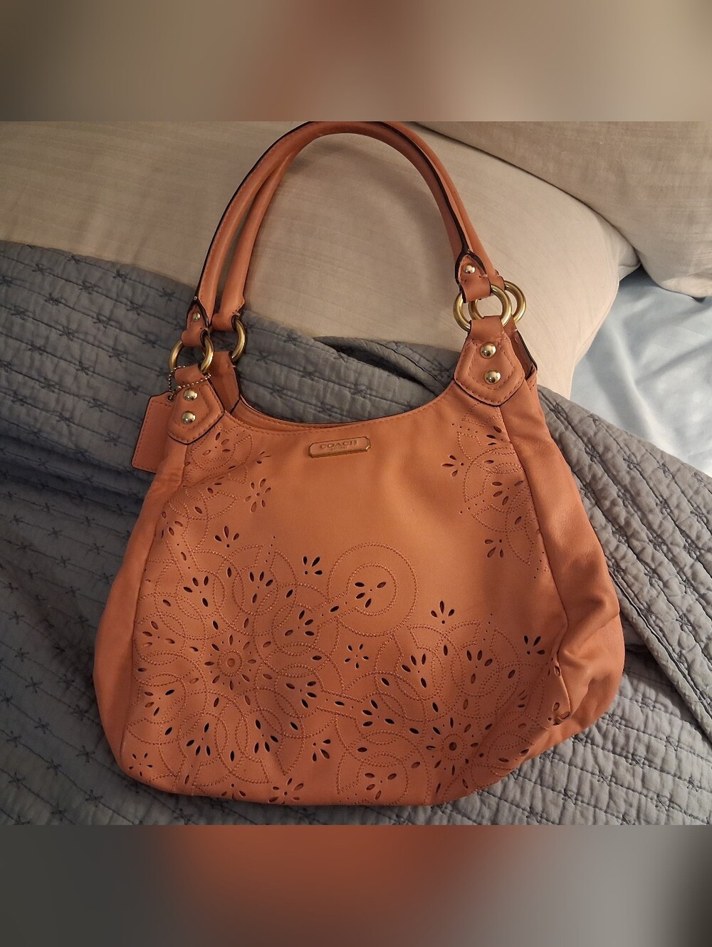 Coach Coral Laser-Cut Leather Shoulder Bag with Gold Hardware - Picture 2 of 16
